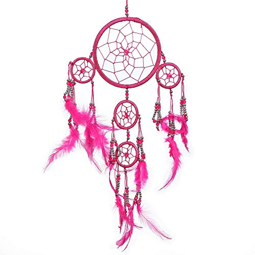 Pink Pineapple Piccolo Dream Catcher Bohemien Fatto a Mano: Acchiappasogni Etico da Appendere Arte da Parete con Piume Fucsia e Perline con Tradizionale Disegno all'Uncinetto- 12 cm x 35 cm