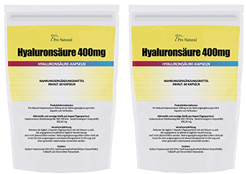 Hyaluronsäure Kapseln a 400mg - 2 Packungen 120 Vegane Kapseln hochdosiert, fermentiert - Gelenke, Haut, Anti Aging - Hyaluron Premium Qualität