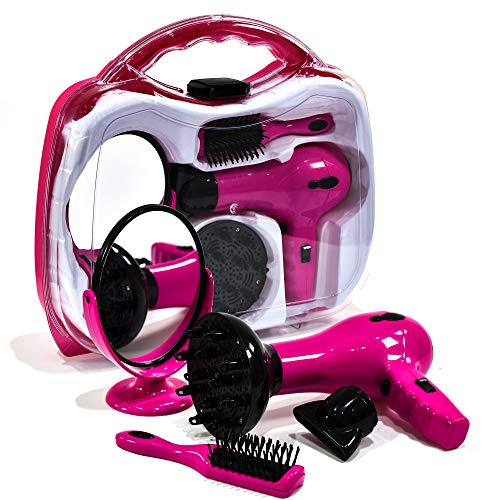 KandyToys Set da gioco per acconciature da bambina, con custodia per il trasporto, asciugacapelli, funzionamento a batteria, set Make Believe Play