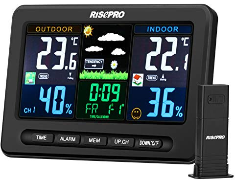 Station météo sans fil RISEPRO avec capteur à distance extérieur Température d'entrée/sortie et humidité Réveil Calendrier Prévisions météo avec écran LCD couleur
