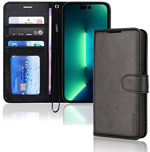 TECHGEAR iPhone 14 Pro Max Leather Wallet Case, Flip Protective Case Cover with Wallet Card Holder, Stand and Wrist Strap - Black PU Leather with Magnetic Closure Designed for iPhone 14 Pro Max 6.7