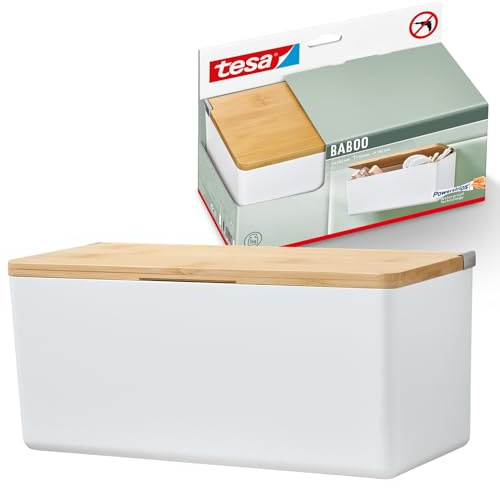 tesa Baboo Badorganizer M mit Bambus-Deckel, matt-weiß - Bad-Aufbewahrungsbox zur Wandmontage ohne Bohren, inkl Powerstrips Waterproof Strips XL - 242 mm x 110 mm x 102 mm