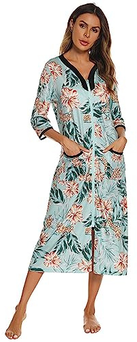 Verve Jelly Bata de baño con cremallera para mujer, manga 3/4, estampado floral, ligera, con bolsillos, ropa de descanso para mujer, verde, XXL