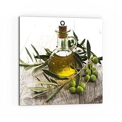 DEQORI Küchenrückwand Glas | Motiv Olivenöl mit Olivenzweig | 60x60 cm | Bad- oder Herd-Rückwand | Herdblende Spritzschutz für Küche & Badezimmer | moderne Deko für Fliesenspiegel