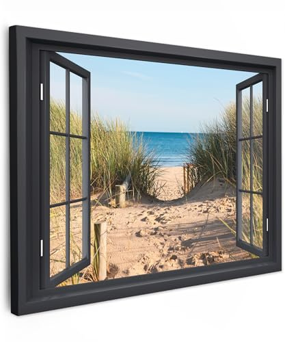 MuchoWow© Impression sur Toile Decoration Murale Peinture 70x50 cm Tableaux Decoratifs Muraux Déco Chambre Tableau Salon Vue de la fenêtre - Plage - Mer - Sable - Eau - Herbe de plage - Dunes