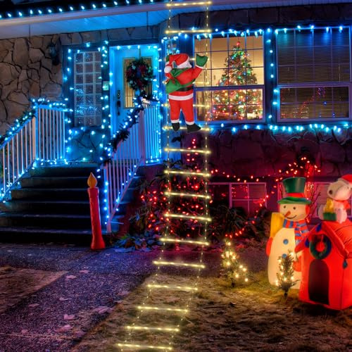 NQEUEPN Christmas Rope Ladder Lights, 10ft Climbing Santa Claus On Ladder with Lights Xmas Decorations Outdoor LED Ladder Decor for Indoor Outdoor Window Garden Home Wall