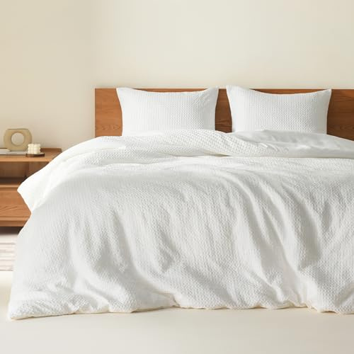 Comfort Spaces White Queen Duvet Cover Set - 3 Pieces Breathable Dotted Weave Texture Duvet Sets, Modern Farmhouse Boho Duvet Cover & Sham, All Season Microfiber Queen Bed Set, Full/Queen