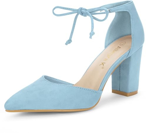 Allegra K Women Ankle Tie Chunky Heel Pointed Toe Dress Sky Blue Pumps 9 M US