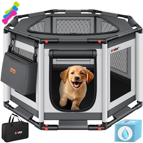 LOVPET® Welpenlaufstall drinnen draußen Welpenauslauf Hunde-Käfig Oxford-Gewebe Tier-Laufstall Kleintier Katzen Freigehege Rahmen PVC-Rohr mit Tasche, 3X Kauknochen & 10 Pad, M 72x72x43cm, Anthrazit