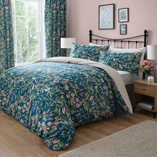 Dreams & Drapes - Teal Green Floral & Bird Duvet Cover - Double Bedding Size (200 x 200cm) - Reversible (2 Designs) - 3 Pieces - Vintage Floral Bedding in Dark Green - Spring Garden Flower Duvet Cover