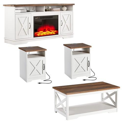AMERLIFE 5-Piece Farmhouse Table Set Include 63 TV Stand with 26 Fireplace, 40 Coffee Table, 2 End Tables with Charging Station & USB Ports, Living Room Table Sets with Barn Door, Rustic Oak&White