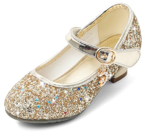 Cheerful Mario 5-10 Years Kids Girls Mary Jane Princess Court Shoes Sparkly Glitter Wedding Party Gold 1 UK