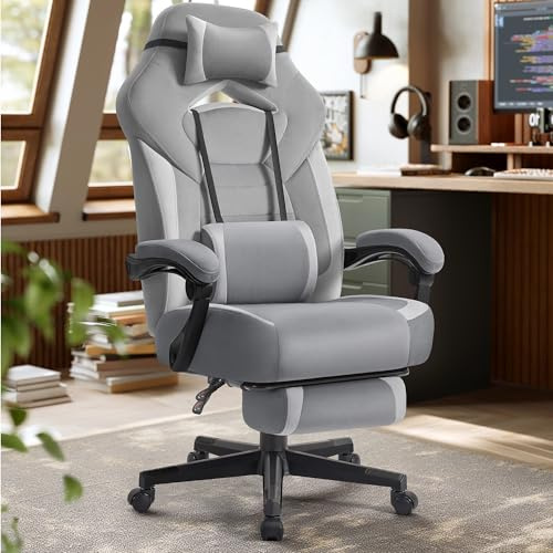 SONGMICS Gaming Chair, Office Computer Chair, Ergonomic Design, with Footrest, Adjustable Headrest, Lumbar Support, 150 kg Load Capacity, Slate Grey and Dove Grey OBG077G03