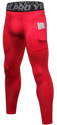 Yuerlian Legging de compression pour homme avec poches pour entraînement au frais et au sec, pour le sport, la gym, le yoga, le football, le cyclisme, Rouge, S