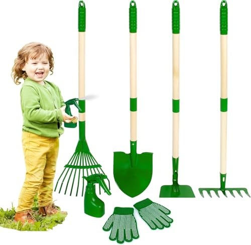 NaXew Childrens Gardening Set 6 Pieces Kids Gardening Tools Set with Shovel, Rake, Hoe, Leaf Rake, Outdoor Summer Yard Lawn Digging Weed Toys (Green 6 Pcs)