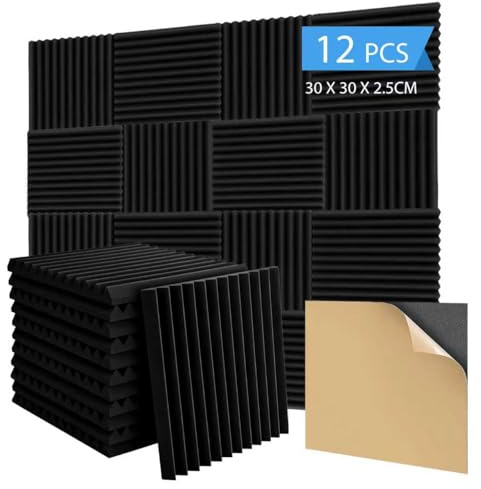 Anluomania Pack 12 Espuma Acústica, Paneles Acústicos con Pegatinas 30 x 30 x 2.5cm, Autoadhesivo Insonorizacion Acustica Pared para Estudio, Podcasting, Estudios Grabación,Oficinas, Aislante Acústico