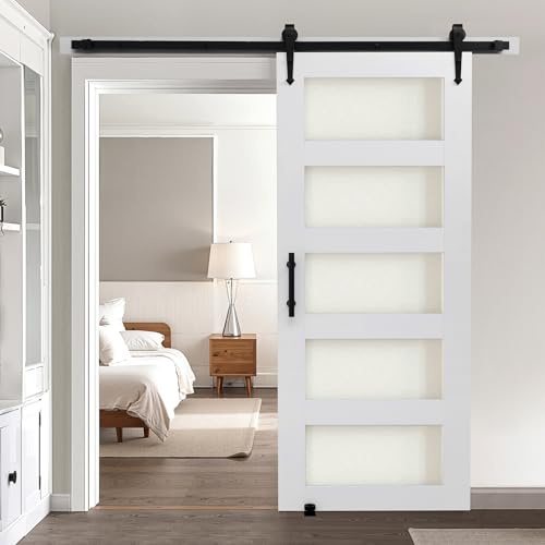 VEVOR Sliding Barn Door, 914 x 2134mm, High-Strength MDF Panel and Glass, Barn Door with Hardware Kit, Water-Proof PVC Surface, Easy to Install, H-Frame, Smoothly and Quietly Sliding for Living Room