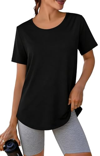 Crewhpo Maglia Tecnica Donna Traspirante Maglietta Sportiva Girocollo Maglia Trekking Indietro in Rete Magliette Tecniche Asciugatura Rapida Maglie Palestra per Yoga Tennis Golf Running Nero S