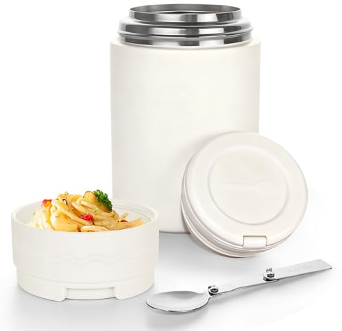 ICEBLUEOR Beige Food Flasks for Hot Food,316 Soup Flask Insulated Food Container,Potable Leak Proof Soup Flasks for Hot Food Kids Adults,500ml/17.6oz Hot Lunch Box with Handle（Phone Stand）&Spoon