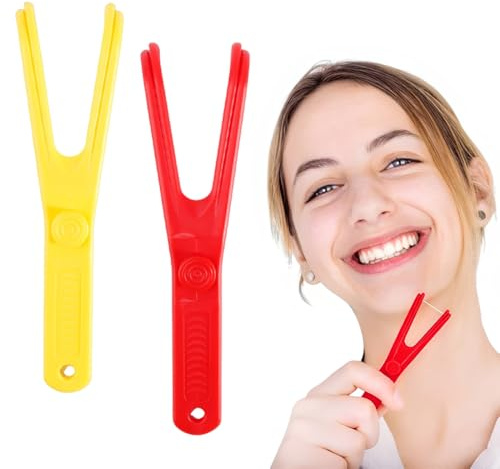 DOVBAN 2pcs Arcos Hilo Dental,Púas Dental,Soporte Hilo Dentals,Para Limpieza De Dientes,Higiene Bucal Para Viajes Familiares En Hoteles(Amarillo y Rojo)