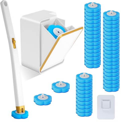 Vicloon Scopino Bagno WC,Spazzola WC Monouso Set con 48 Ricariche Detergenti e Manico Lungo, Scopino per WC con Supporto per Bagno,Spazzola WC con detergente, Accessori Bagnos per Pulizia Profonda