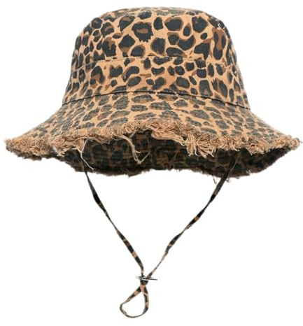 KASESSS Bob Femme à Imprimé Léopard, Vintage Tendance Bob Chapeau à Bord Effiloché, Chapeau de Pêcheur avec Sangle Réglable, Pliables Leopard Chapeaux Soleil Femme pour Voyage Plage Quotidien
