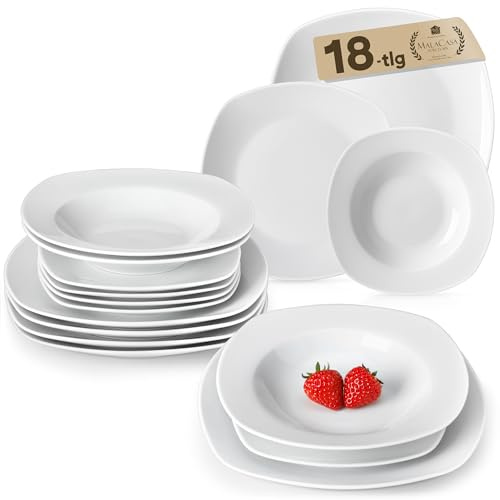 Malacasa, Serie Elisa, 18-TLG. Set Porzellan Tellerset Geschirrset Tafelservice mit je 6X Speiseteller Essteller, 6X Kuchenteller Dessertteller, 6X Suppenteller Tiefteller für 6 Personen