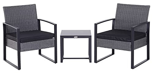 Outsunny 3 Pieces Rattan Bistro Set, Wicker Garden Furniture Set with Glass Top Coffee Table and Chairs, Washable Cushions, for Outdoor, Patio, Balcony, Grey
