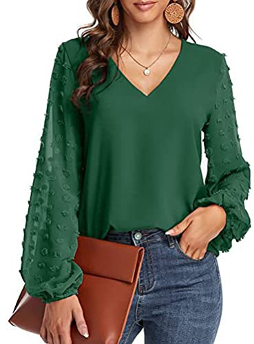 ORANDESIGNE Blusa Donna Elegante Curvy Chiffon Manica Lunga Maglietta Maglia Trasparente Scollo a V Cerimonia Camicia da Ufficio Sexy Tinta Unita Casual Particolari Camicette a Verde M