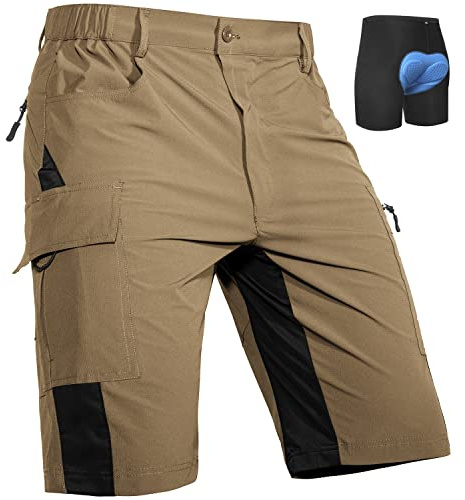 Cycorld MTB Ciclismo Pantalones Cortos Hombre, Secado Rápido Pantalones Cortos de Deporte al Aire Libre de la Bici de la Bici del Ajuste Flojo para los Hombres con 4D Acolchado (Caqui, L)