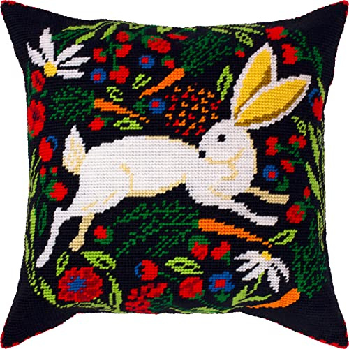 Brvsk hare på svart. Broderi kit med tryckt gobelängduk (40 × 40 cm) – broderikudde kit för kreativ heminredning – handarbetskit för vuxna nybörjare