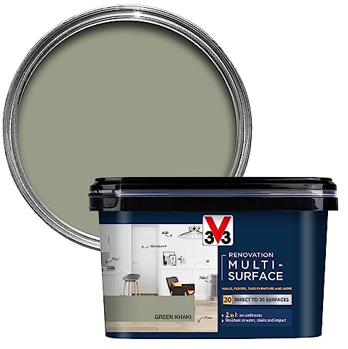 V33 Renovation Multi-Surface Paint - No Undercoat Needed - Over 20 Surfaces - Resistance To Water Stains & Impact - High Coverage - Khaki Green Satin 2 Litres