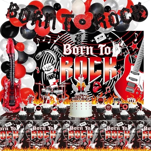 Ywediim Rock'n'Roll-Partyzubehör, einschließlich Born to Rock-Glitzerbanner, Born to Rock-Hintergrund, Ballongirlande und mehr für Dekorationen zum Thema Rockmusik