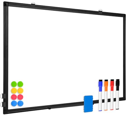 QUEENLINK Le Tableau Blanc Magnétique Double Face, 45x60cm Le Tableau Effacable Mural avec Cadre Aluminium Noir, Plateaux et Crochets