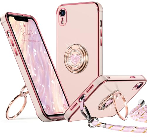 XYZ for iPhone XR Case with Stand, Double Ring Holder Case Heart with Lanyard for Girls Women, Luxury Cute Bling Protective Phone Cover for iPhone XR, Pink