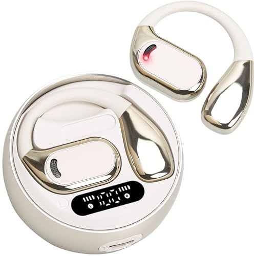 RIOCALOTDD Casque Bluetooth sans Fil à Conduction osseuse pour la Course à Pied,Écouteur Running avec Grande Autonomie, Écoute Confortable sans Pression (Beige)