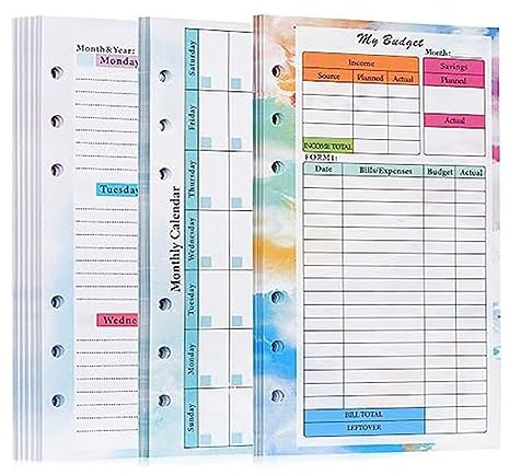 Yasoe 82 Feuilles A6 Budget Planner Recharge Planificateur Mensuel Hebdomadaire Bloc-Notes 6 Trous pour Couverture de Classeur A6 Enregistrer A