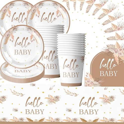 Stoviglie per festa Baby Shower,Stoviglie per festa Battesimo Floreale 61 Pezzi tra cui Piatti, Tazze, Tovaglioli, Tovaglie, Stoviglie per festa Baby Shower per 20 Ospiti