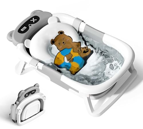 Baby Bath Tub Toddler Bath Tubs with Thermometer, Collapsible Bathtub Baby Essentials for Newborn Portable Travel Bath with Soft Cushion Seat Mat for Infant Grey Bear
