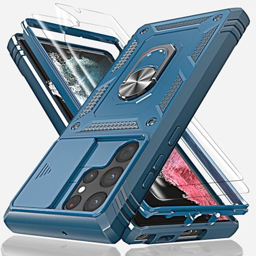 for Samsung S23 Ultra Case with Camera Cover Slider, 2*Screen Protectors,Build in 360°Rotating Ring Kickstand, Military Grade Protective Case for Samsung Galaxy S23 Ultra 5G 6.9-Blue