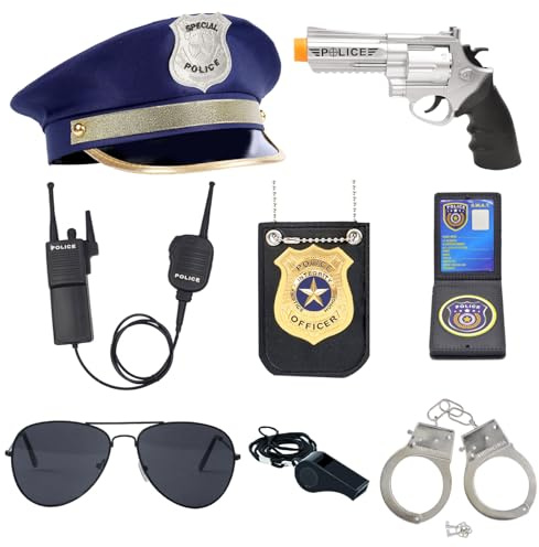 ZUCOS Costume de police pour enfant, policier, menottes, lunettes de soleil insigne Détective Cop Swat Jeu de rôle Accessoire de fête d'Halloween Costume de fête (C, M)