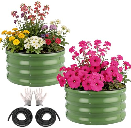 Cfythyab 2-Pack Raised Beds for Garden – 60x30cm Round Steel Planter Box with Safety Edging, Outdoor Raised Planters for Vegetables, Flowers & Herbs, Bottomless Metal Garden Bed