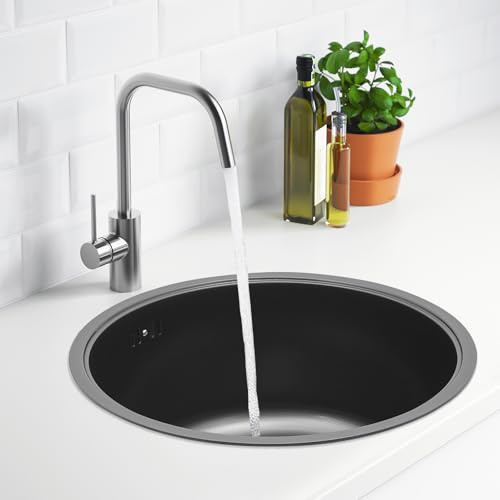 Évier de cuisine rond en acier inoxydable 304, 38 x 18 cm, noir, avec nano-revêtement, panier à tamis, tuyau d'évacuation et couvercle