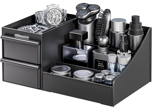 DancesCat Black Cosmetic Organiser for Men, Dressing Table Makeup Organiser with Drawers, Skincare Organiser Storage Box, Ideal Perfume Stand for Mens Bedroom&Bathroom Accessories (Matte Black)
