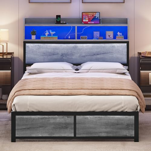 YITAHOME Bed Frame,LED with Headboard,USB Ports & Charging Outlets,Metal Platform Bed Frame with 2 Tiers Storage Shelves, No Box Spring Needed King Size