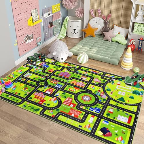 Garvee Kids City Road Play Rug 140x200Cm,Washable Children's Carpet,Car Track Map Carpet,Non Slip Play Mat for Boys & Girls,Car Track Road Map Rug,Kids Room Décor Mat