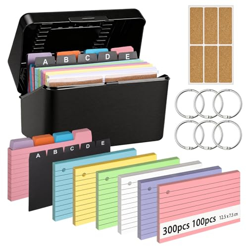 Thboxes Scatola per schedari, 14,4 × 9,2 × 8 cm, con 400 schede colorate, 5 registri, 6 adesivi, 6 adesivi, scatola per schede di apprendimento per vocabolario, note scolastiche, ufficio, casa