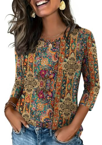 Zeagoo Tee Shirt Femme Manche 3/4 Col Rond Chemisier Automne | Hauts Printemps Été, Blouse Classique Basique, unies ou imprimées, pour la maison et pour sortir, S-3XL