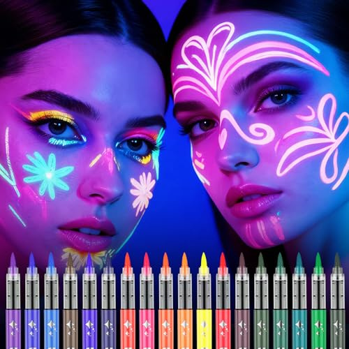 LOPHE Rotuladores Tatuajes Fluorescente, 18 colores Bolis Tatuajes Neon Cara, Rotuladores Pintacaras Adultos y Niños, Lápiz UV Neón Marcadores Corporales para Maquillaje Carnaval Fiesta y Disfraces