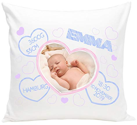Ferocity Cuscino Personalizzabile Nascita del Tuo Bimbo con Data di Nascita con Nome Cuscino per bambin 40 x 40 cm Regalo per la Nascita Cuore [095]